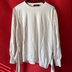 Lauren Ralph Lauren Cream Cotton Modal Puff Sleeve Side Tie Sweater Plus Size 3X